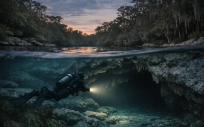 What Happened to Ben McDaniel at Vortex Spring realistic underwater cave entrance at dusk