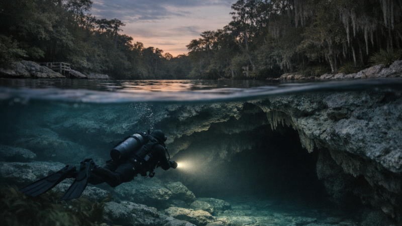 What Happened to Ben McDaniel at Vortex Spring realistic underwater cave entrance at dusk