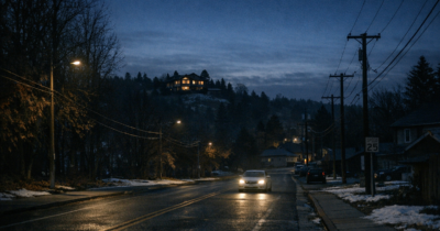 bryankohbergertimelineexplained cinematic pre-dawn college street with distant house and white sedan headlights