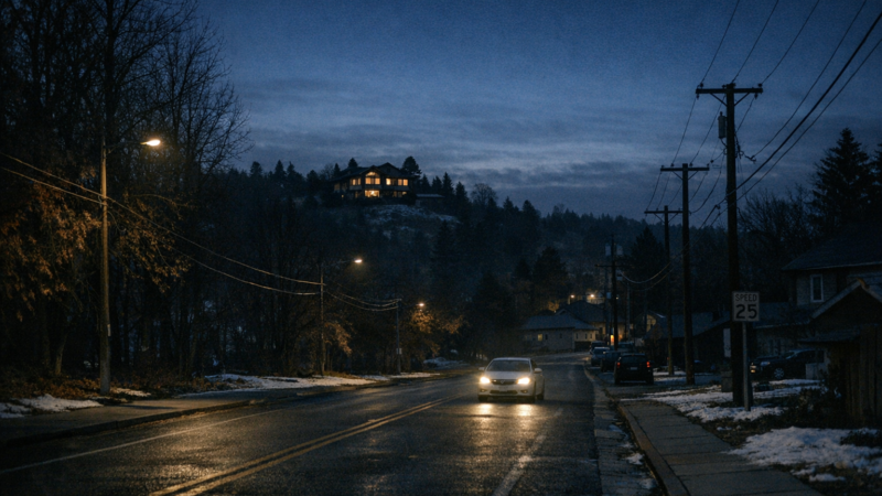 bryankohbergertimelineexplained cinematic pre-dawn college street with distant house and white sedan headlights