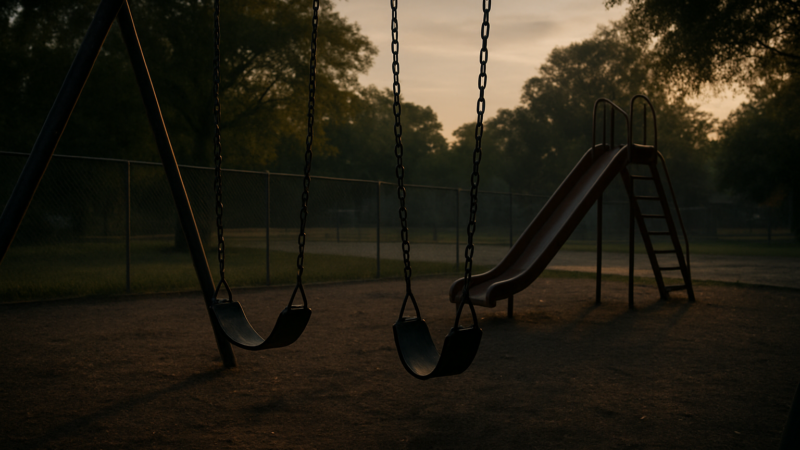 whathappenedtodulcealavez cinematic scene of an empty playground at dusk in a public park