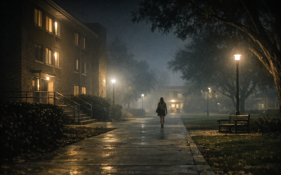 kristinsmartdisappearance nighttime college walkway with lone female silhouette and dorm lights