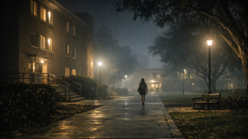 kristinsmartdisappearance nighttime college walkway with lone female silhouette and dorm lights