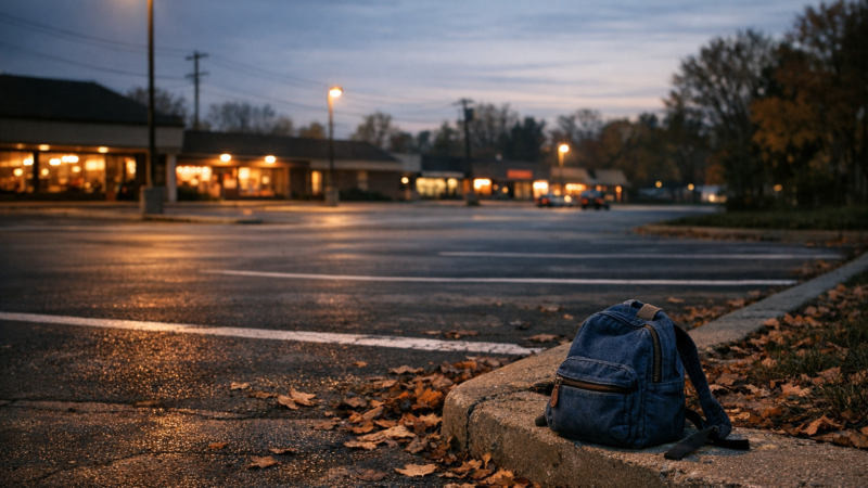 Amy Mihaljevic case cinematic shopping plaza scene at autumn dusk