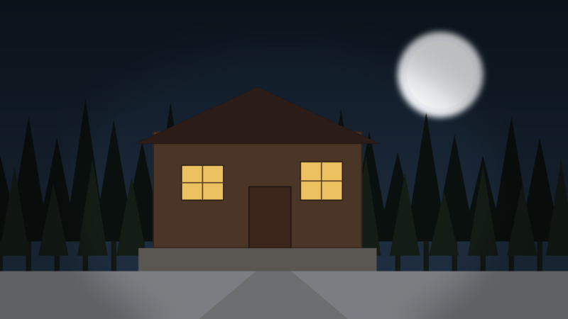 Illustration of a dark forest cabin at night with warm windows and a cold path leading to the porch